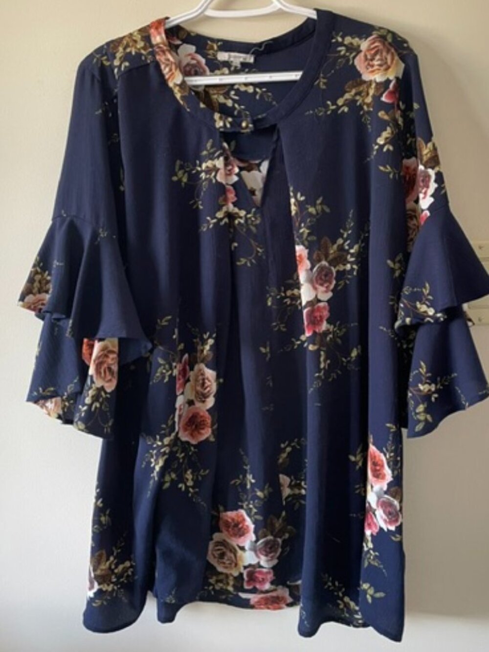 JODIFL Mini Dress/Top ¾ length ruffled slvs Navy Blue w Vibrant Florals S M/L